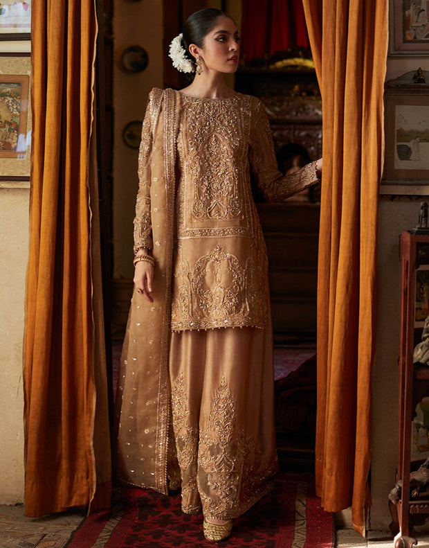 Golden Pakistani Dress in Kameez Trouser Dupatta Style