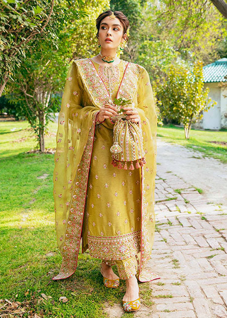 Golden Raw Silk Salwar Kameez for Indian Wedding Wear