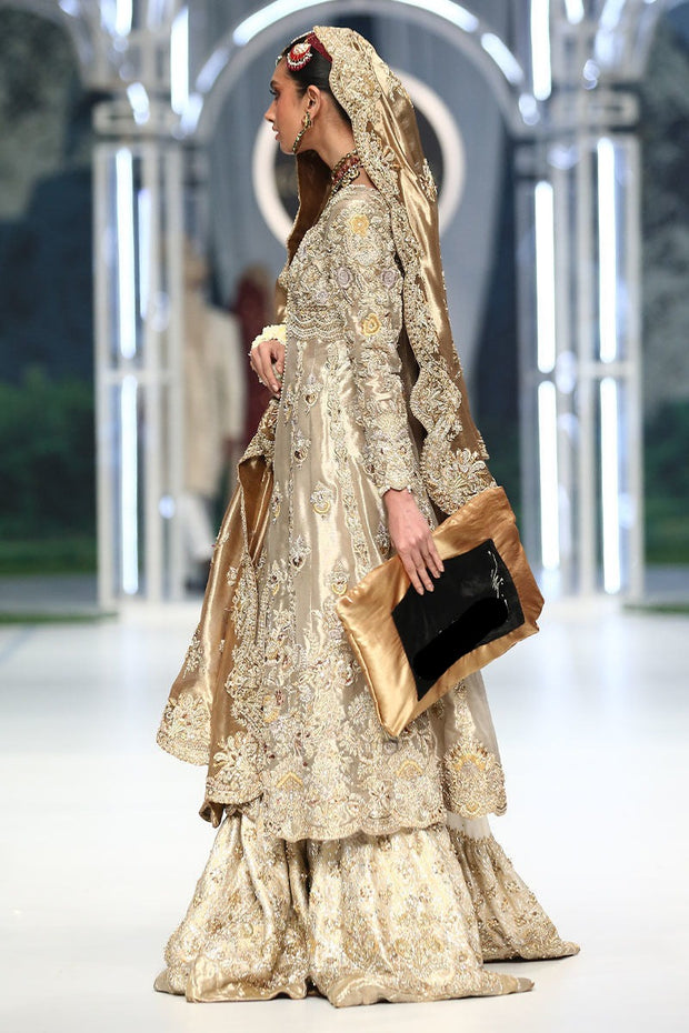 Golden Silk Lehenga Frock for Pakistani Bridal Dress