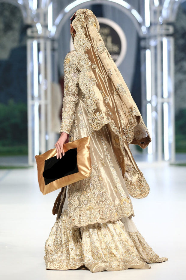 Golden Silk Lehenga Frock for Pakistani Bridal Dresses 2023
