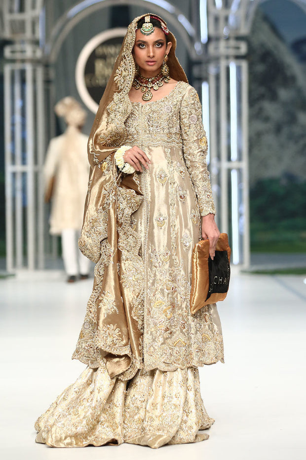 Golden Silk Lehenga Frock for Pakistani Bridal Dresses
