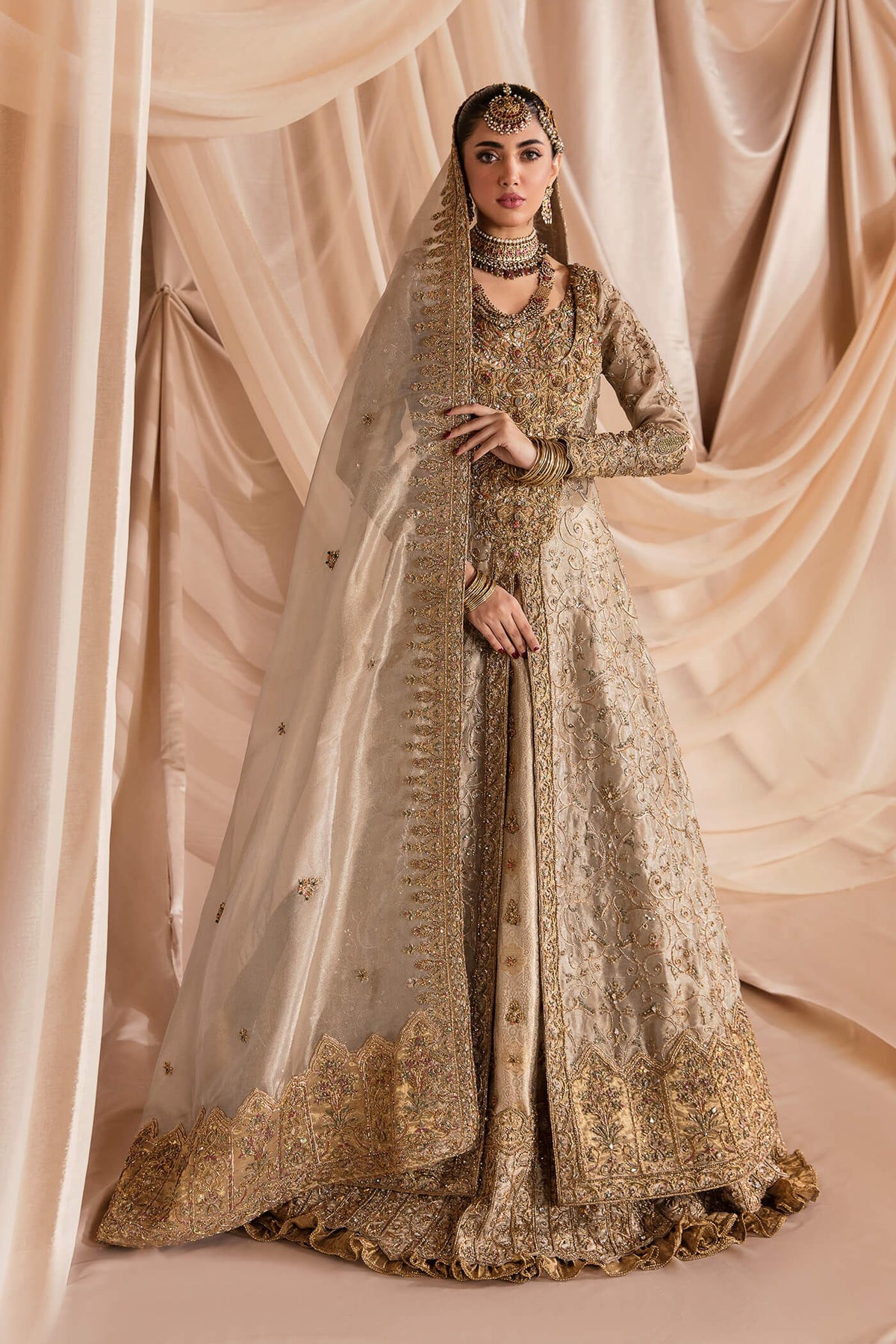 Heavy Golden Tissue Lehenga Pakistani Wedding Dresses Nameera by Farooq