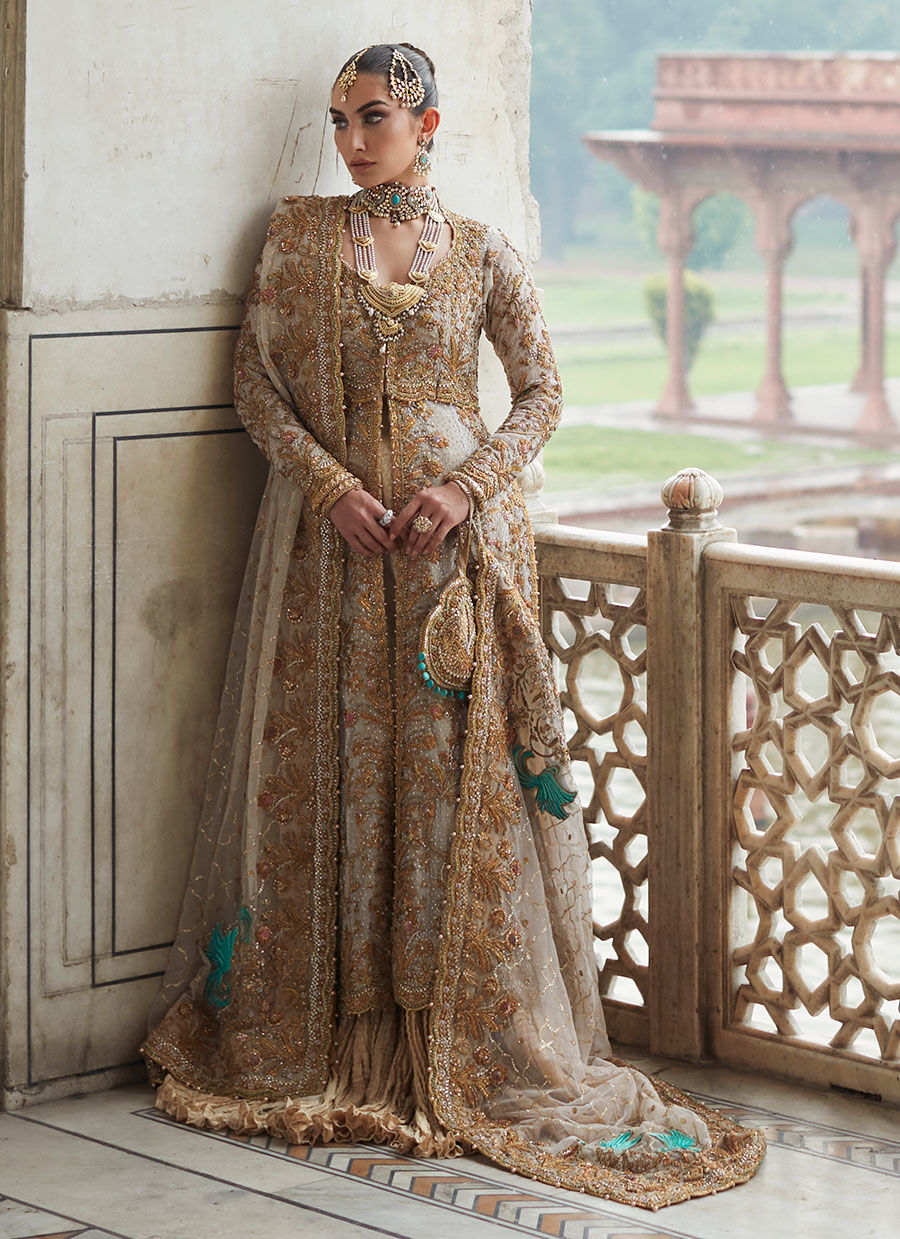 gold indian wedding dress Golden White Bridal Lehenga for Bridal Wear LARGE The Lower embellished with ASOS DESIGN embellished Palm Sheer Embellished Bodice Color:Ballet Pink