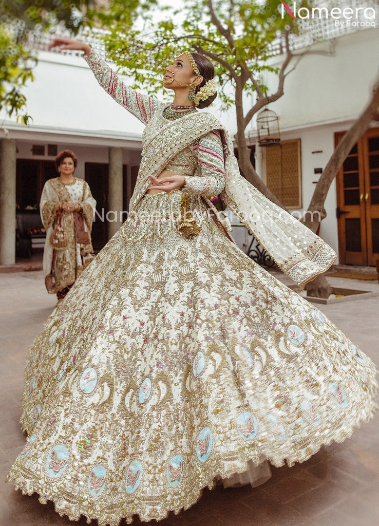 Embellished Designer Golden and White Bridal Lehenga Choli