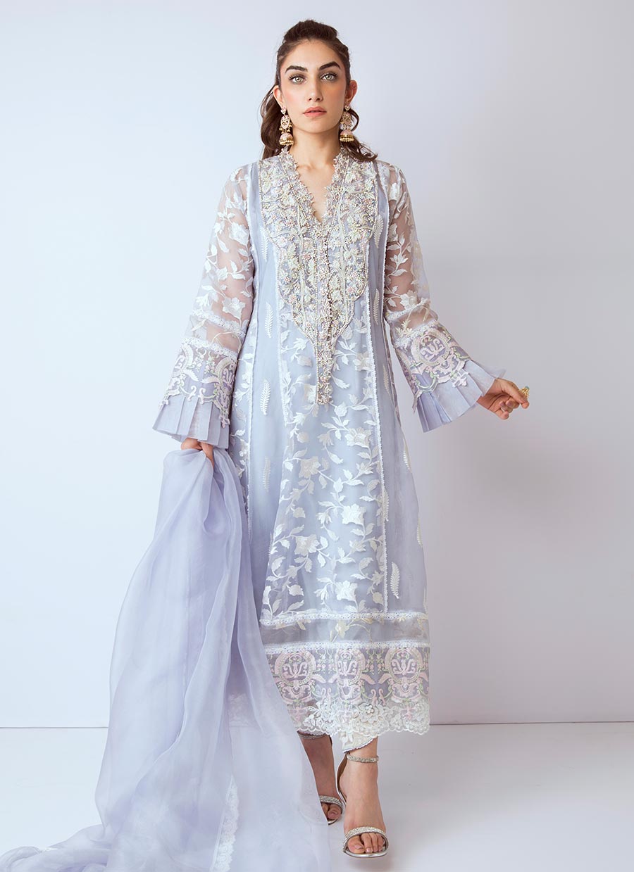 Pakistani gota embroidered dress in blue color 