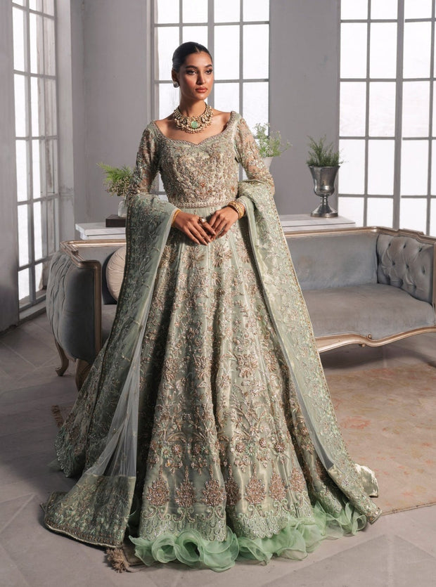 Gown Style Pakistani Bridal Dress in Mint Green Color Nameera by Farooq