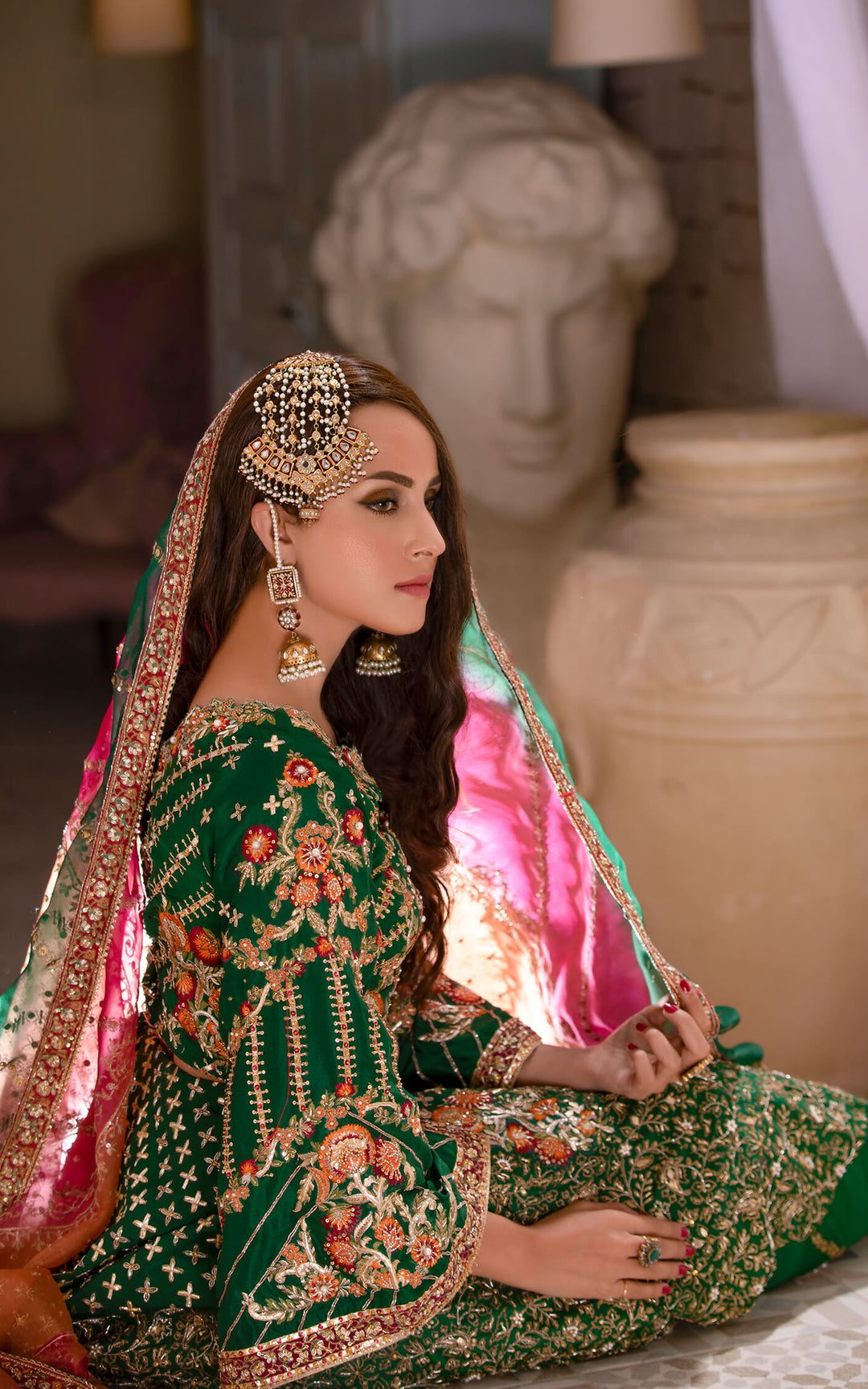 Embroidered Mehndi Dress in Dark Green Lehenga Choli Style Nameera by Farooq Embroidered Mehndi Dress in Dark Green Lehenga Choli Style Nameera by Farooq