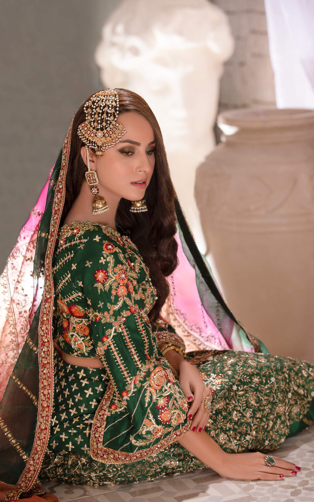 green bridal mehndi dress Embroidered in Dark Lehenga Choli Style LARGE The zardozi work includes color:red/white Space Boho wedding dress trends