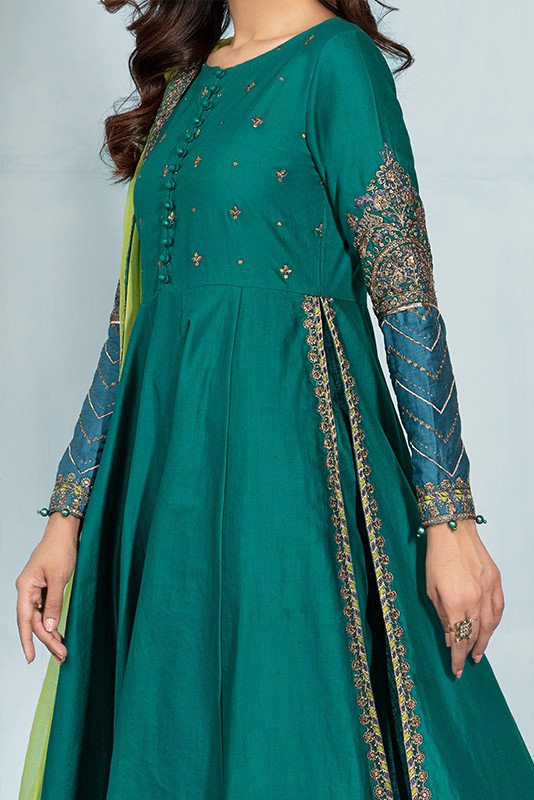 Green Dress Pakistani in Classic Frock Trouser Dupatta Style