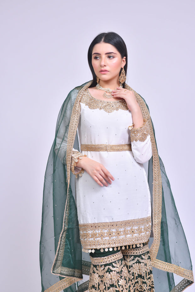 Green Gharara and White Kameez Pakistani Eid Dress Online