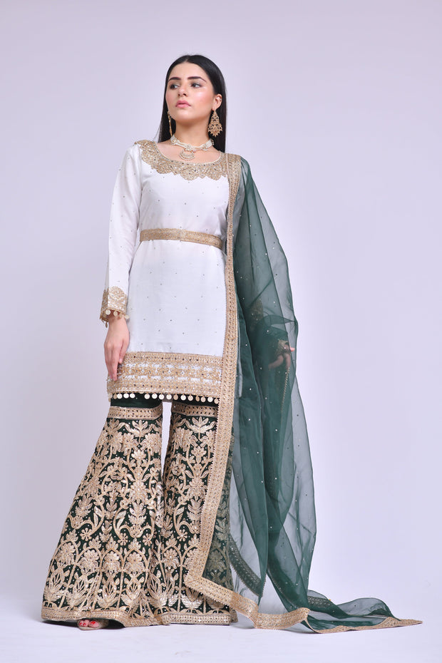 Traditional Green Gharara and White Kameez Pakistani Eid Dress CUSTOM SIZES Traditional Green Gharara and White Kameez Pakistani Eid Dress CUSTOM SIZES