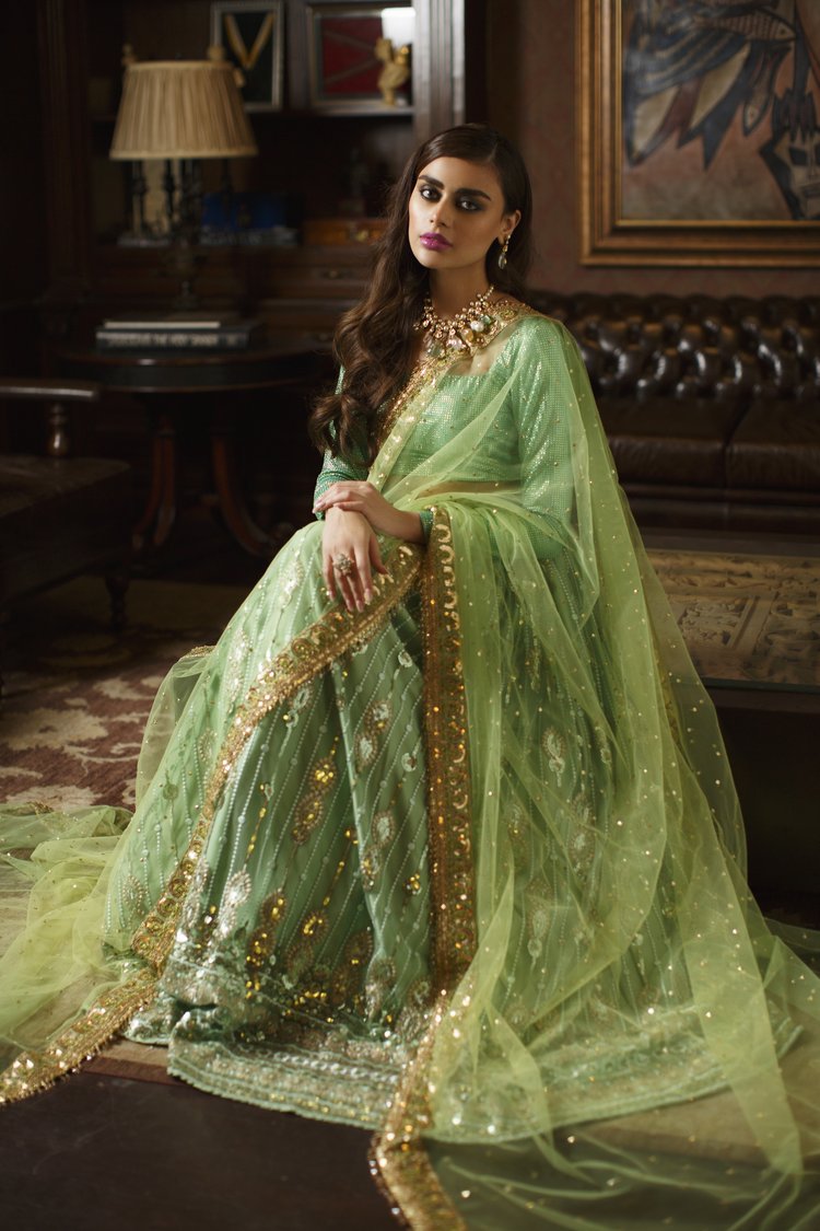 Elegant Green Pakistani Bridal Lehenga and Dupatta