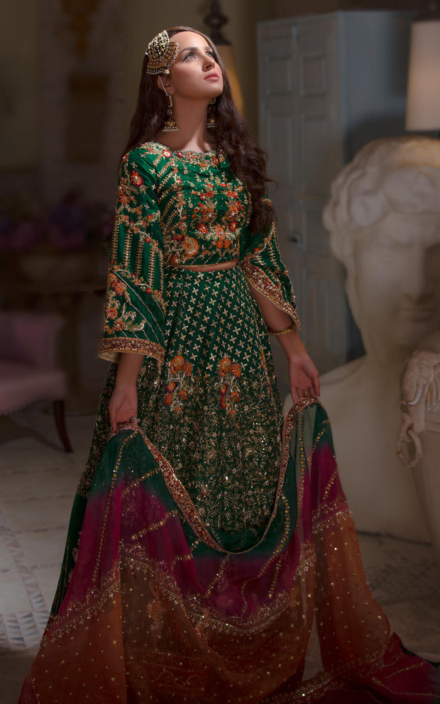 Embroidered Mehndi Dress in Dark Green Lehenga Choli Style Nameera by Farooq Embroidered Mehndi Dress in Dark Green Lehenga Choli Style Nameera by Farooq