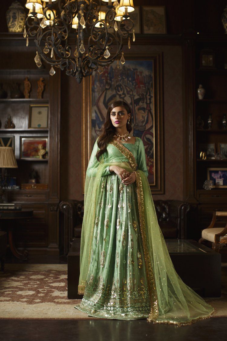 Elegant Green Pakistani Bridal Lehenga and Dupatta