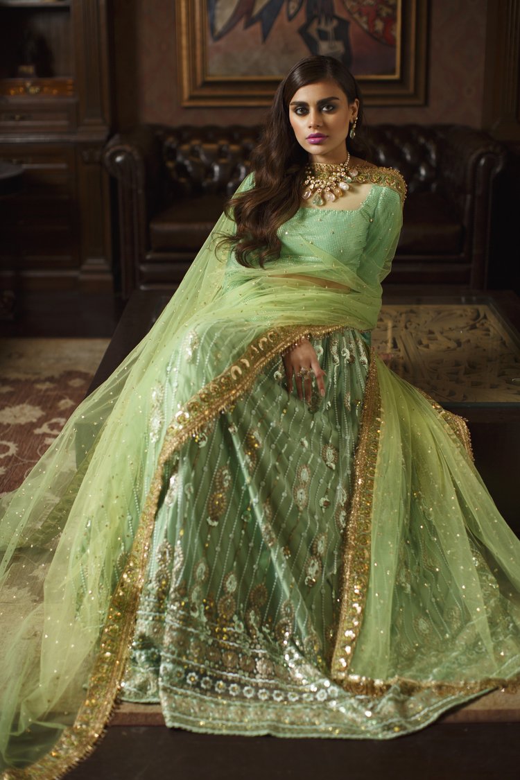Elegant Green Pakistani Bridal Lehenga and Dupatta