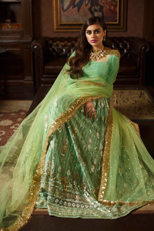 Green Lehenga Choli and Dupatta Pakistani Bridal Dress Online