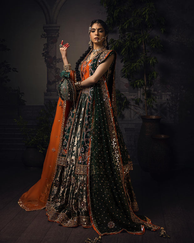 Green Lehenga with Choli and Open Gown Bridal Dress Online