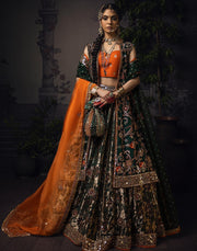 Green Lehenga with Choli and Open Gown Bridal Dress