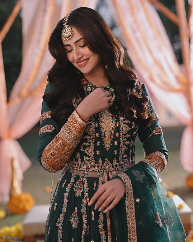 Green Lehenga with Open Gown Pakistani Mehndi Dress Online