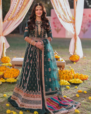 Green Lehenga with Open Gown Pakistani Mehndi Dress