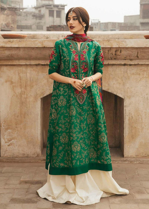 Green Long A-Line Shirt Sharara Pakistani Eid Dresses