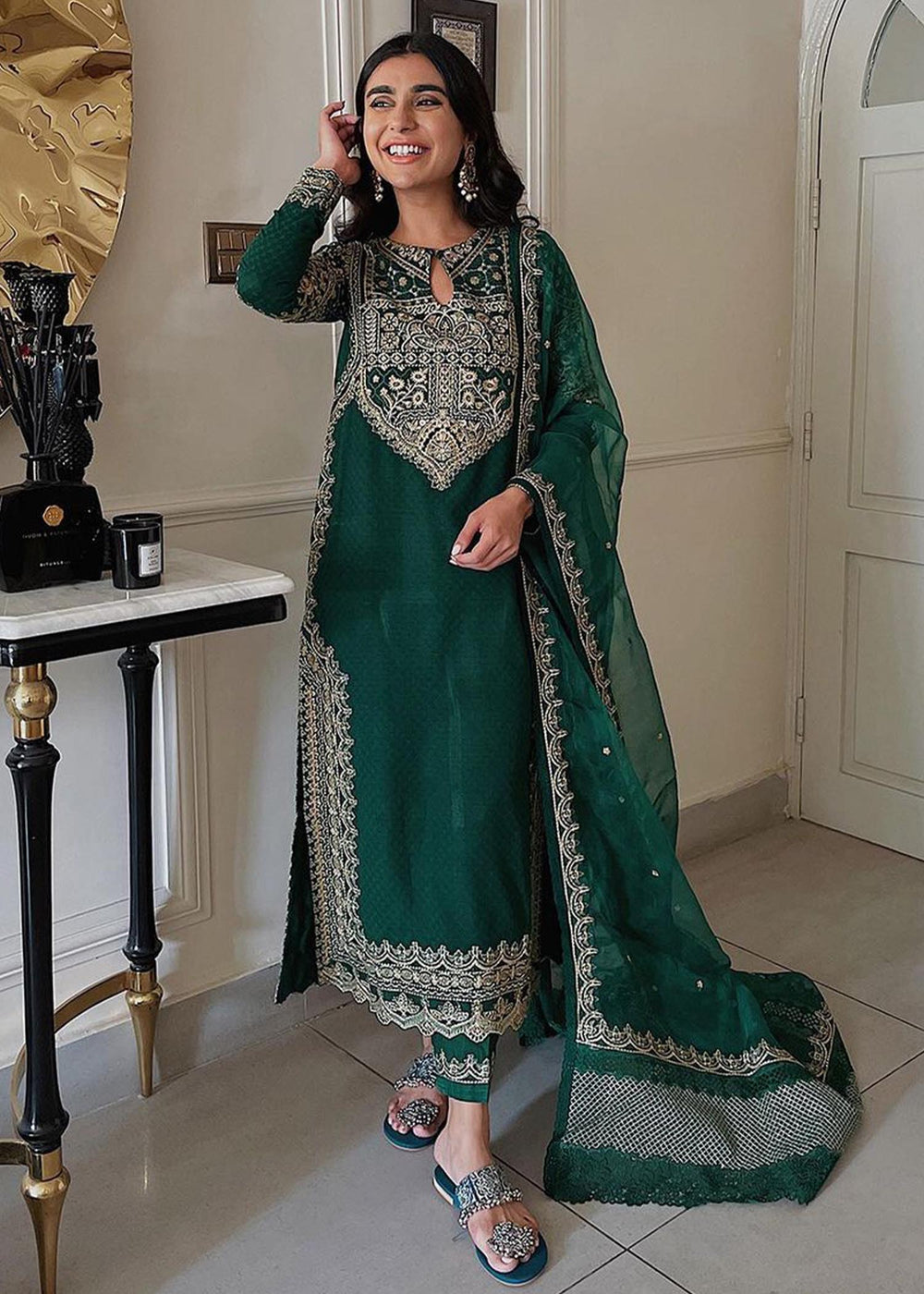 Green Long Kameez Salwar for Pakistani Party Wear