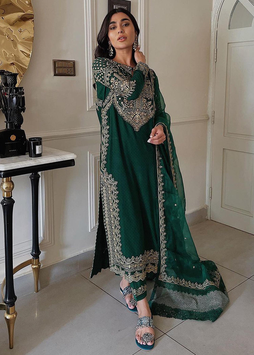 Green Long Kameez Salwar for Pakistani Party Wear 2023