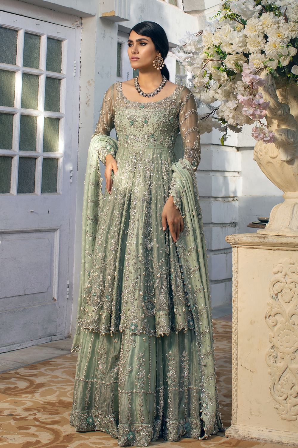 Green Masoori Lehenga with Front Open Frock