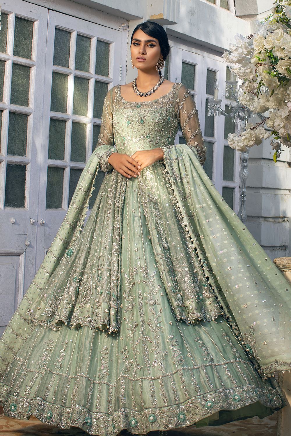 Green Masoori Lehenga with Front Open Frock Dress