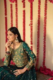 Green Pakistani Bridal Dress in Frock Lehenga Style Online