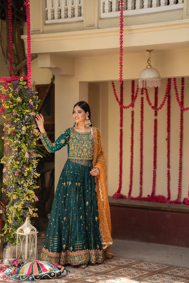 Green Pakistani Bridal Dress in Frock Lehenga Style