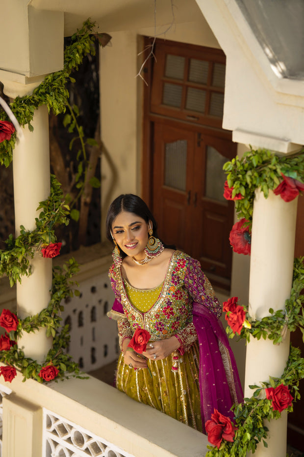 Green Pishwas Frock Pakistani Bridal Dress for Mehndi Online