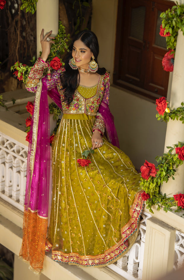 Green Pishwas Frock Pakistani Bridal Dress for Mehndi