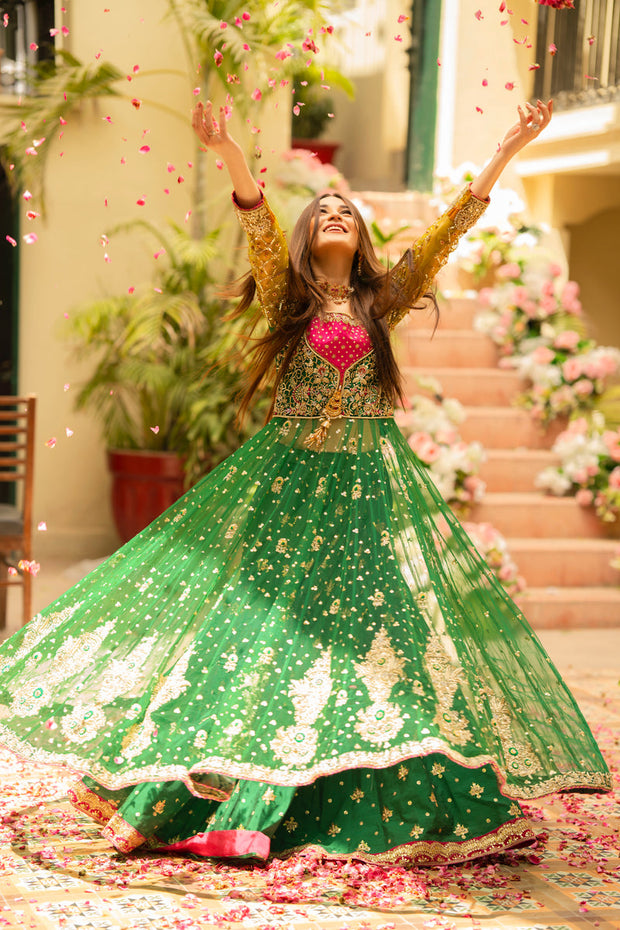 Green Pishwas Frock and Lehenga Pakistani Bridal Dress Online
