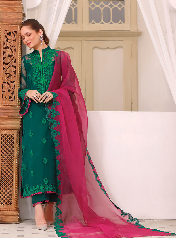 Green Salwar Kameez and Dupatta Pakistani Eid Dress in Organza