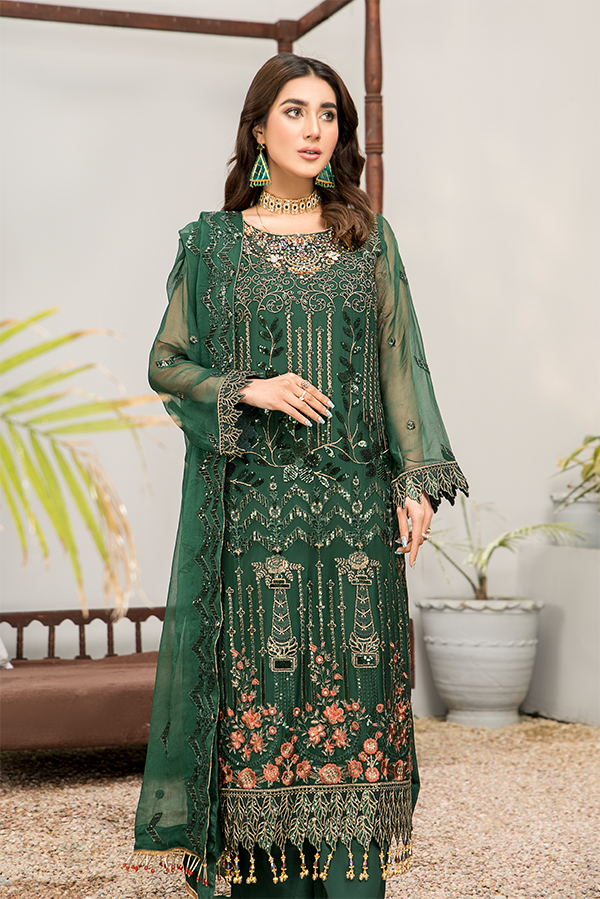 Elegant Green Salwar Kameez with Trendy Embellishments Online Nameera by Farooq