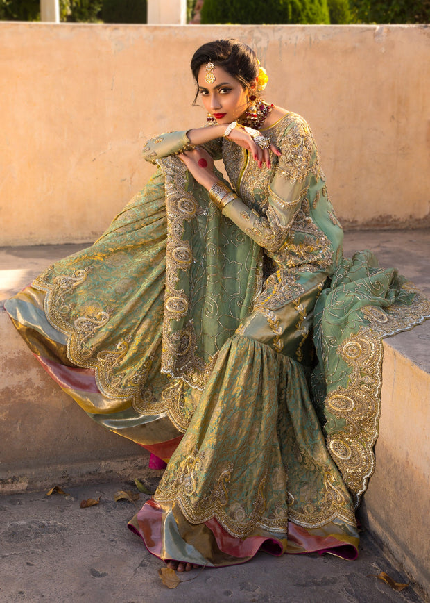 Embroidered Green Sharara Shirt Bridal Dress for Wedding Nameera by Farooq Embroidered Green Sharara Shirt Bridal Dress for Wedding Nameera by Farooq