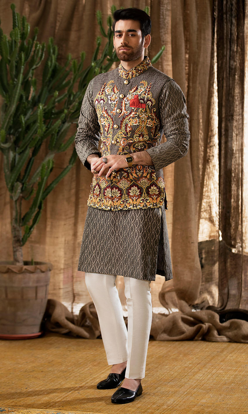 Grey Embroidered Waistcoat Sherwani for Wedding 