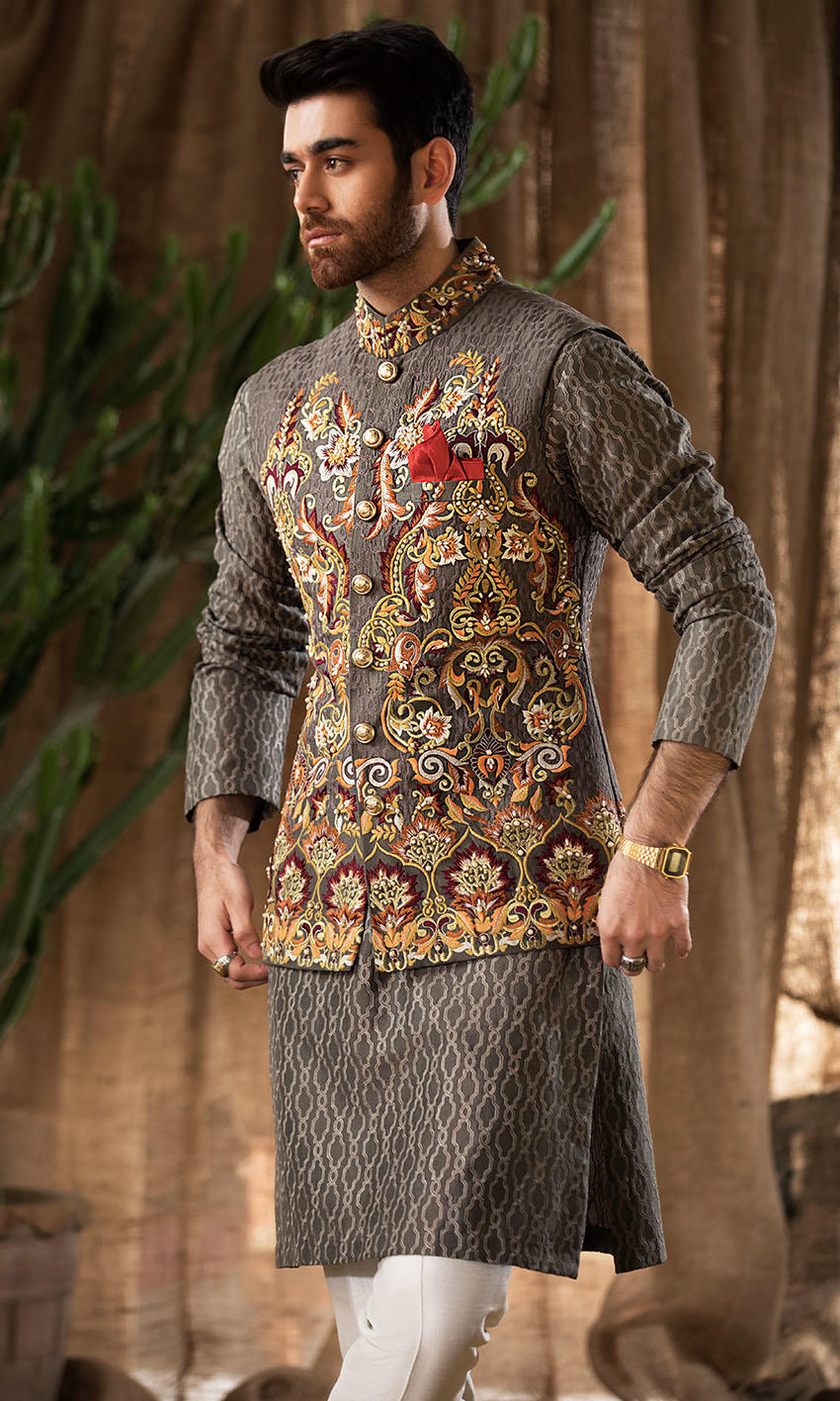 Designer Grey Embroidered Waistcoat Sherwani for Wedding Wear Nameera by Farooq
