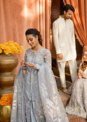 Grey Pakistani Suit in Kameez Trouser Dupatta Style for Wedding