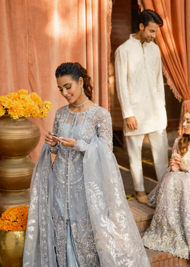 Grey Pakistani Suit in Kameez Trouser Dupatta Style for Wedding