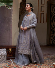 Grey Pakistani Wedding Dress in Kameez Sharara Style Online