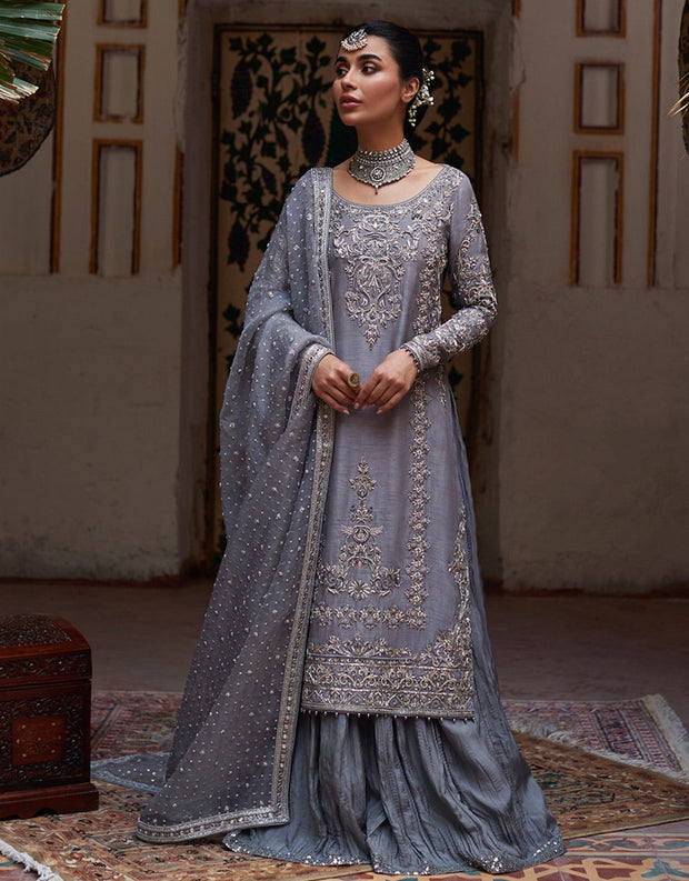 Grey Pakistani Wedding Dress in Kameez Sharara Style