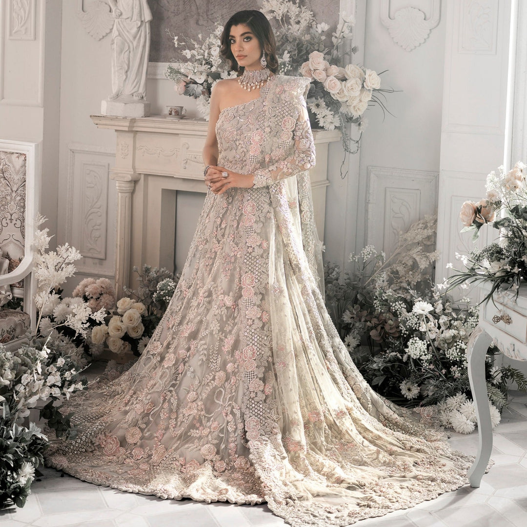 silver grey bridal dresses pakistani Lehenga Maxi Wedding Dress – Nameera by Farooq Resort 2023