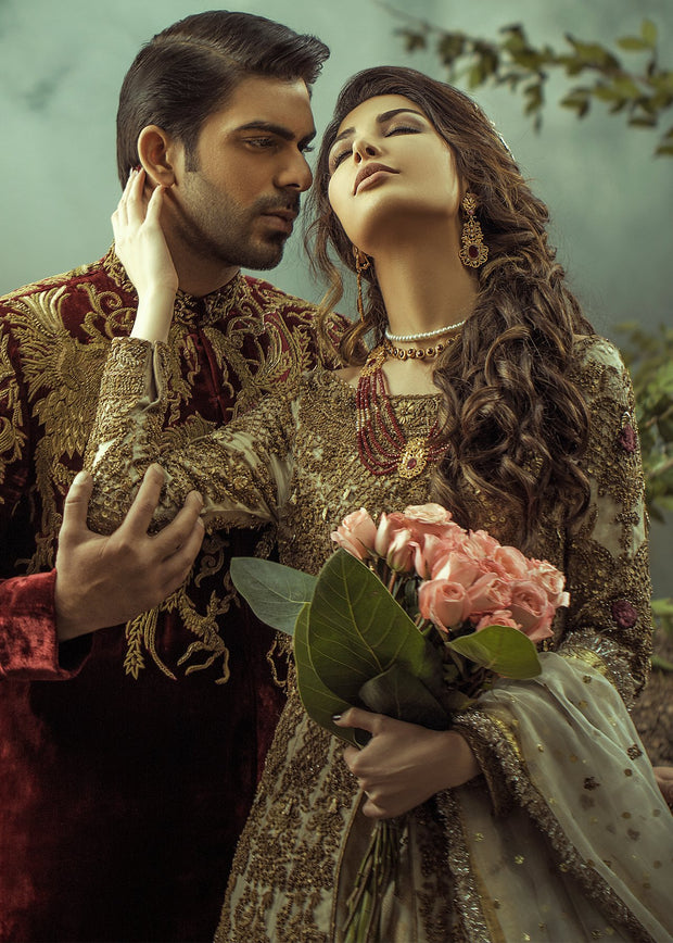 Designer groom and bridal dress in white and maroon color # B3337