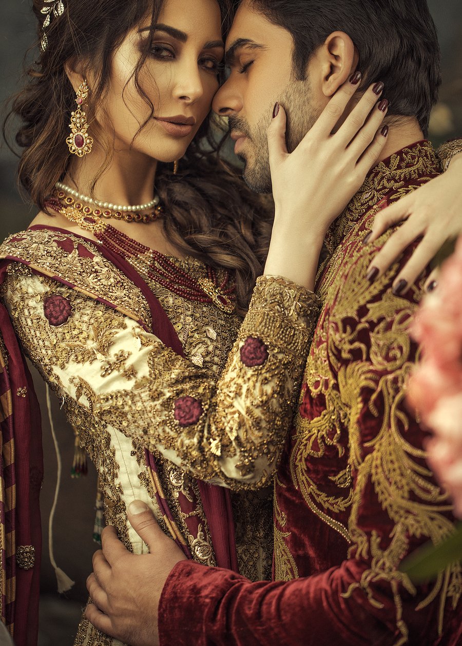 Designer groom and bridal dress in white and maroon color # B3337