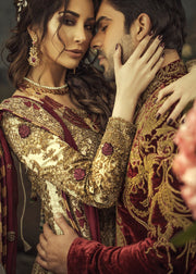 Designer groom and bridal dress in white and maroon color # B3337