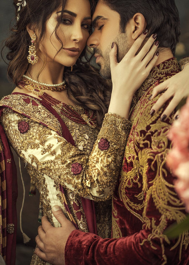Designer groom and bridal dress in white and maroon color # B3337