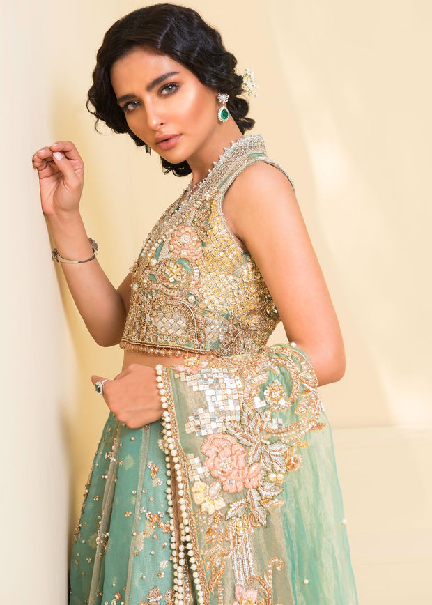 Close up of Indian Green Lehenga