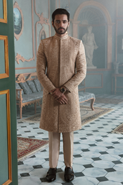 Hand-Embroidered Mens Groom Sherwani in Jamawar Fabric